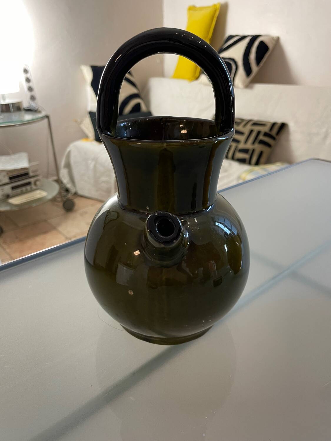 Pitcher in Provence khaki varnished clay signature Camares