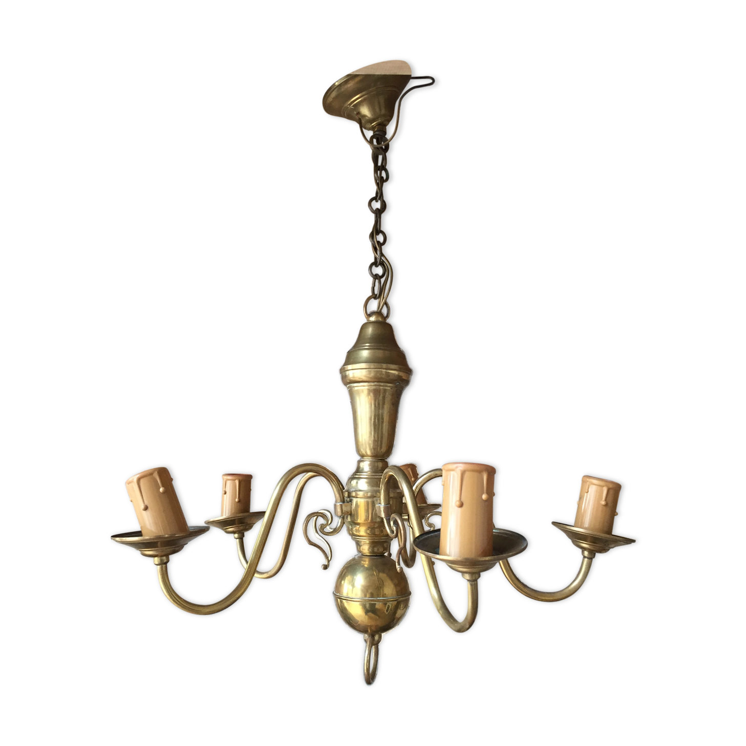 Vintage Dutch brass chandelier 5 branches