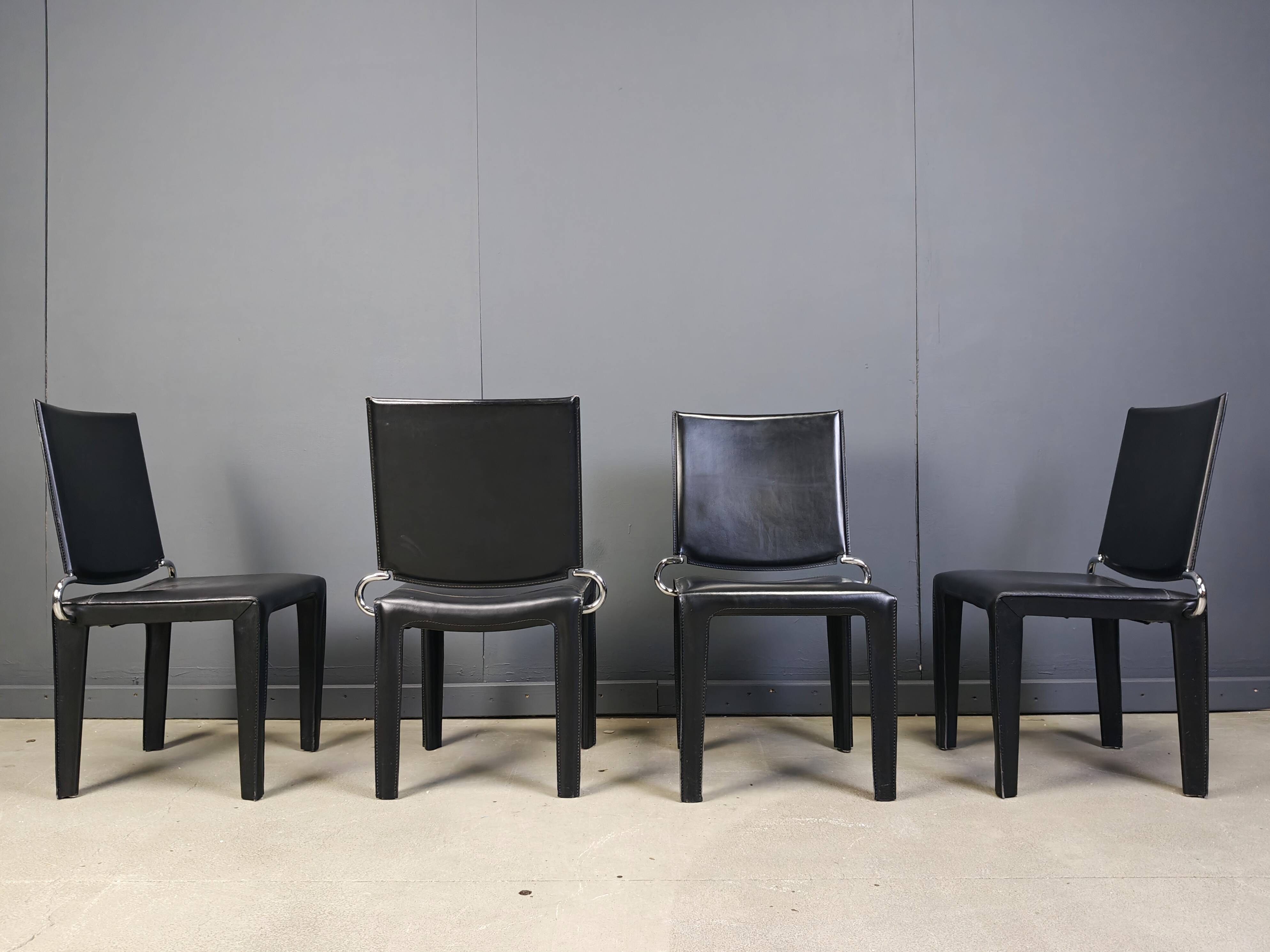 Black leather dining chairs by Arper italy, 1980s - set of 4