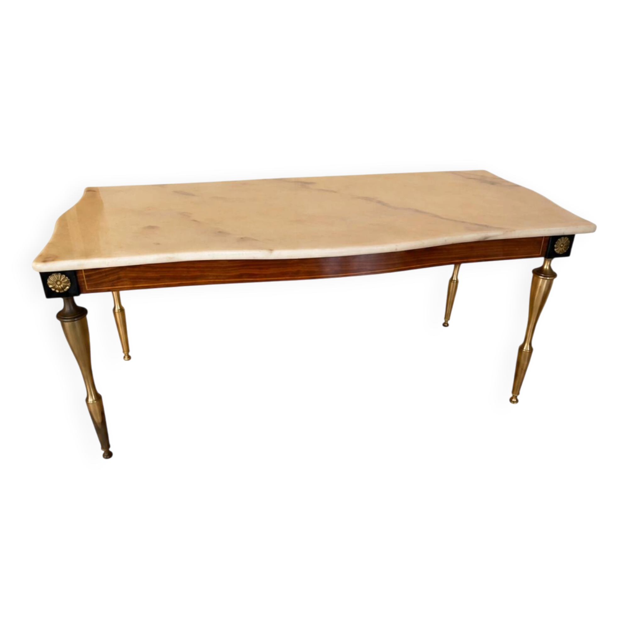 Neoclassical coffee table in beige marble and brass, Louis XVI style.