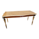 Neoclassical coffee table in beige marble and brass, Louis XVI style.