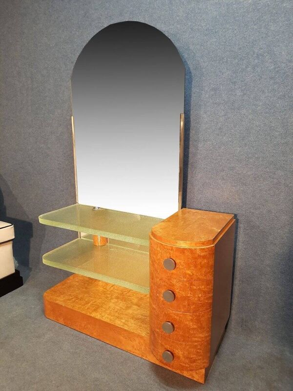 Coiffeuse Art Déco en bois clair et dalles de verre
