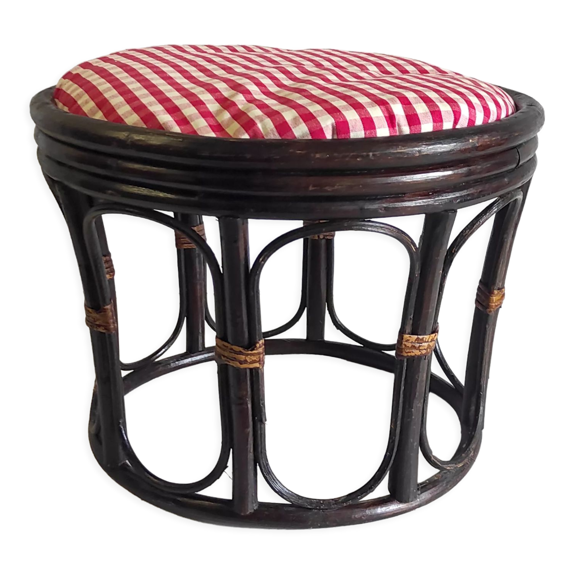 Rattan stool and fabric cushion – 80s/90s