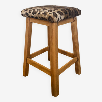 Vintage wooden and leopard stool