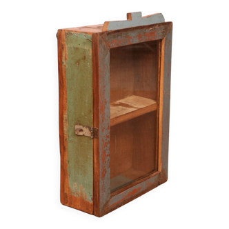 Burmese teak wall display case with original polychrome patina