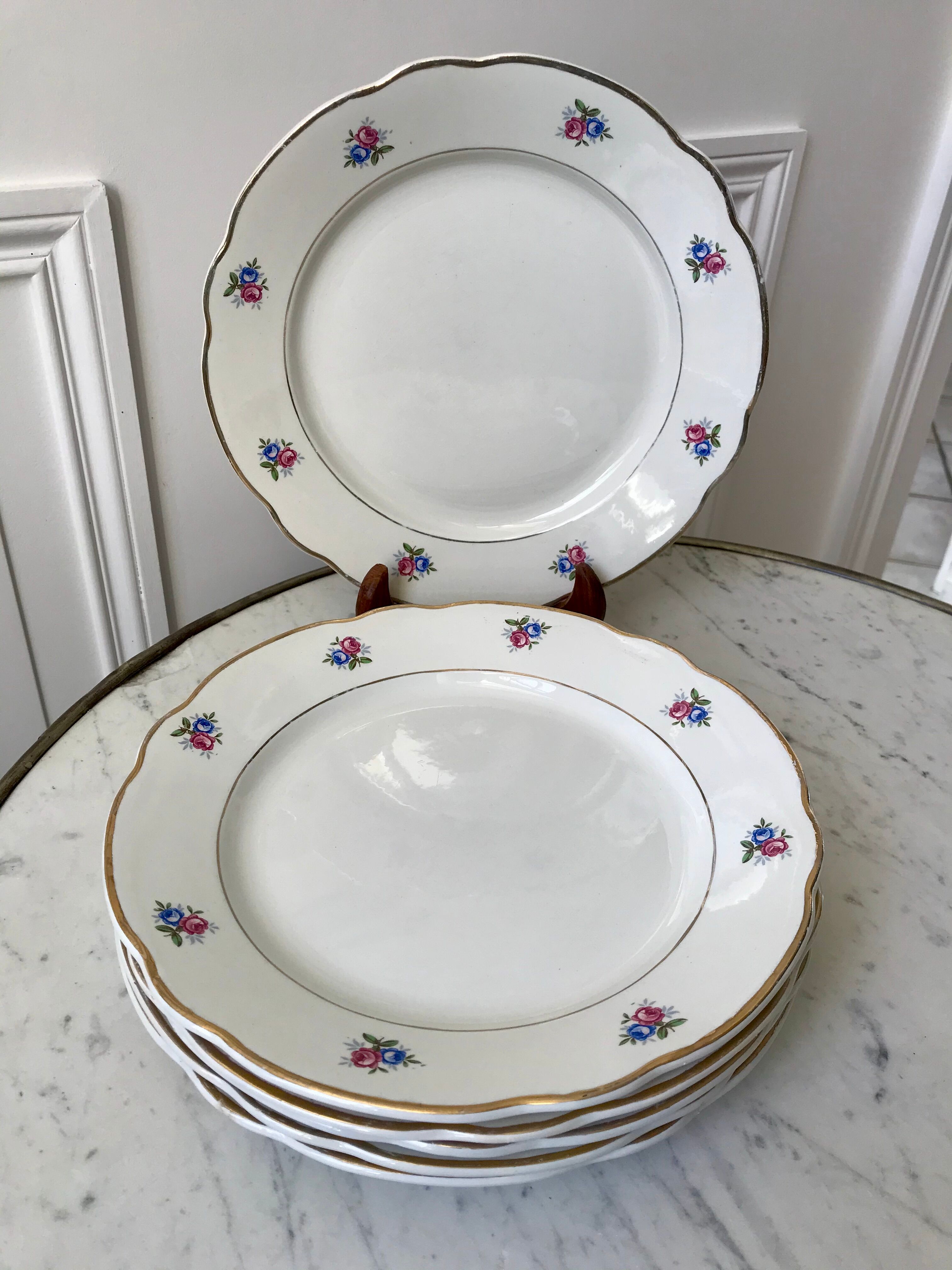 set of 6 flat plates Digoin Sarreguemines small flowers 50s