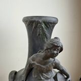 François Moreau: Pair of vases with Napoleon III period characters in regula with bronze patina