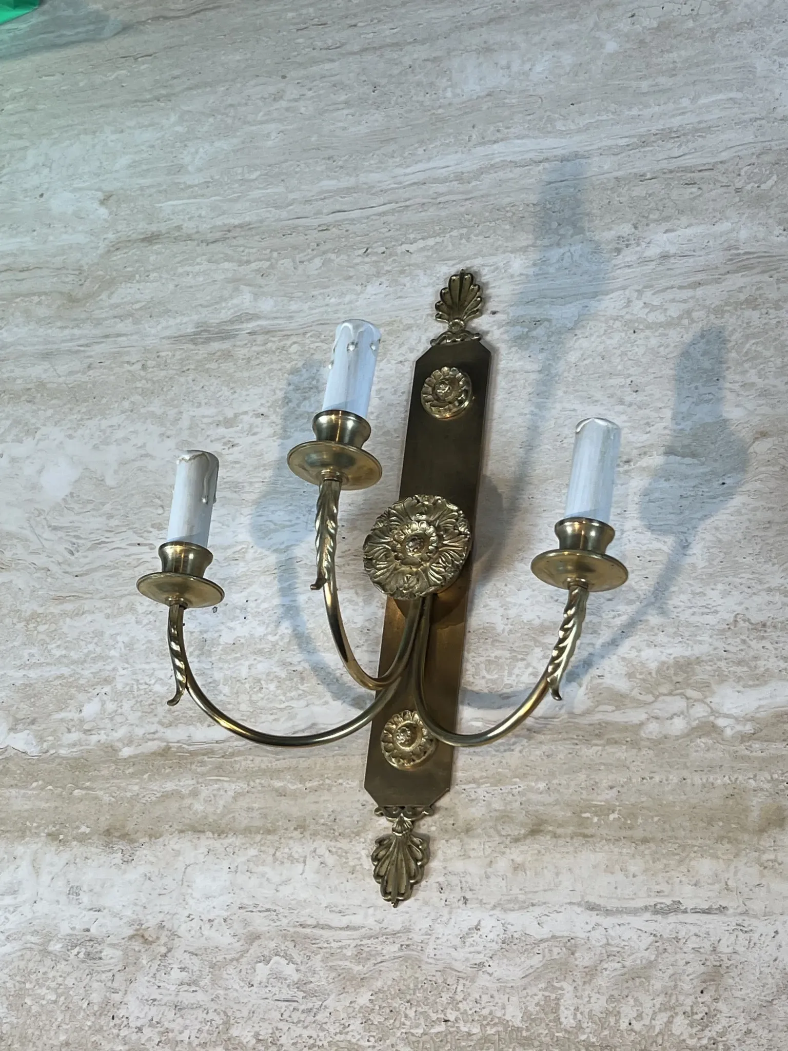 Pair of Neoclassical Wall Lights with Three Arms in Brass with Decoration