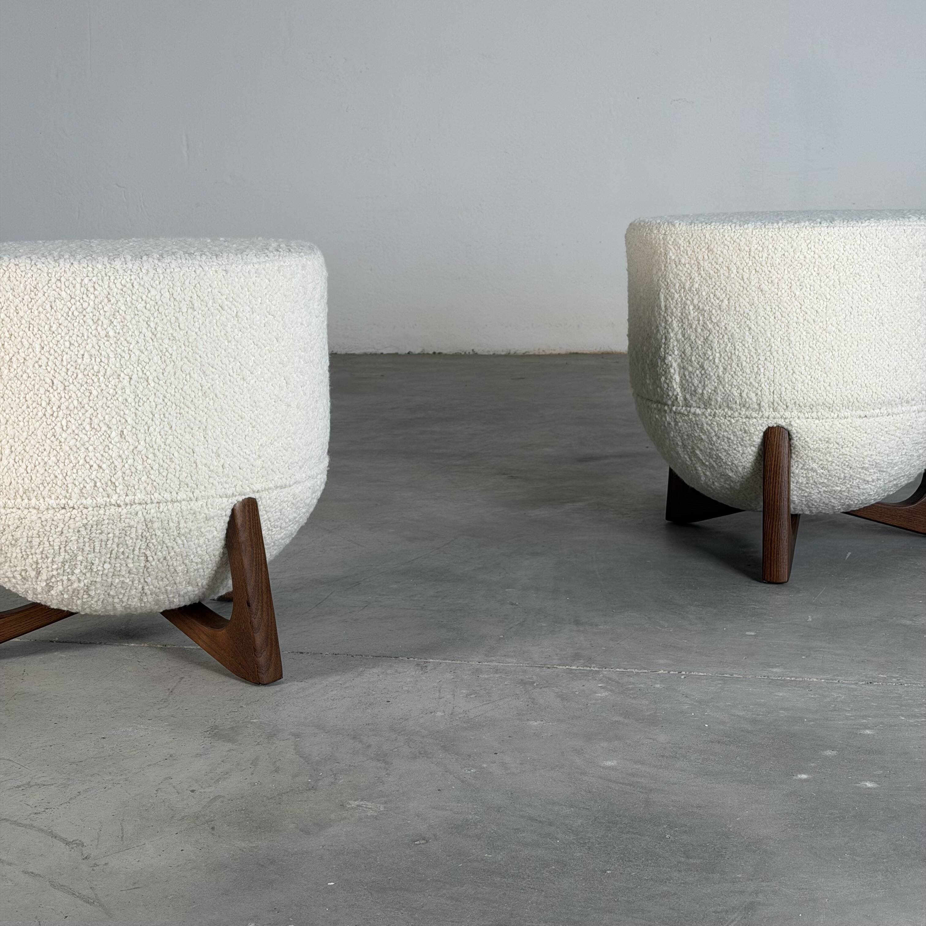 TOTEMO stools by FORME with ivory Dedar bouclé upholstery and walnut legs.