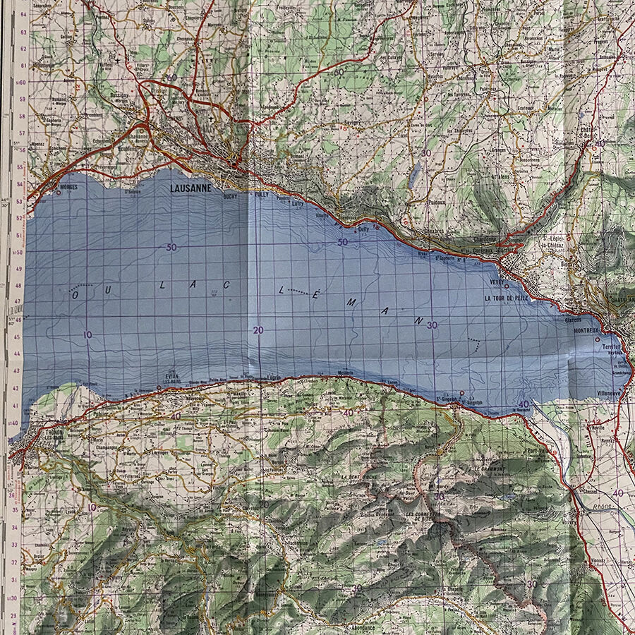 Map Thonon les bains - Lausanne - Montreux - Lac Leman - 1965
