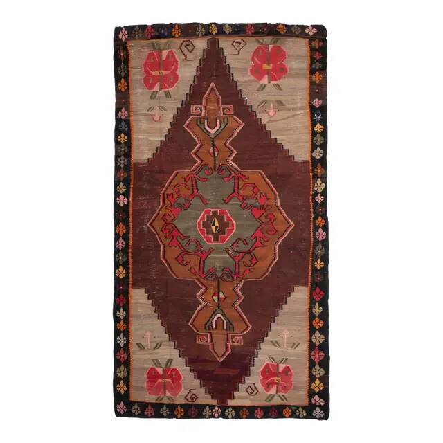 1970s Vintage Turkish Oushak Handmade Wool Cotton Brown Runner Rug  206x387