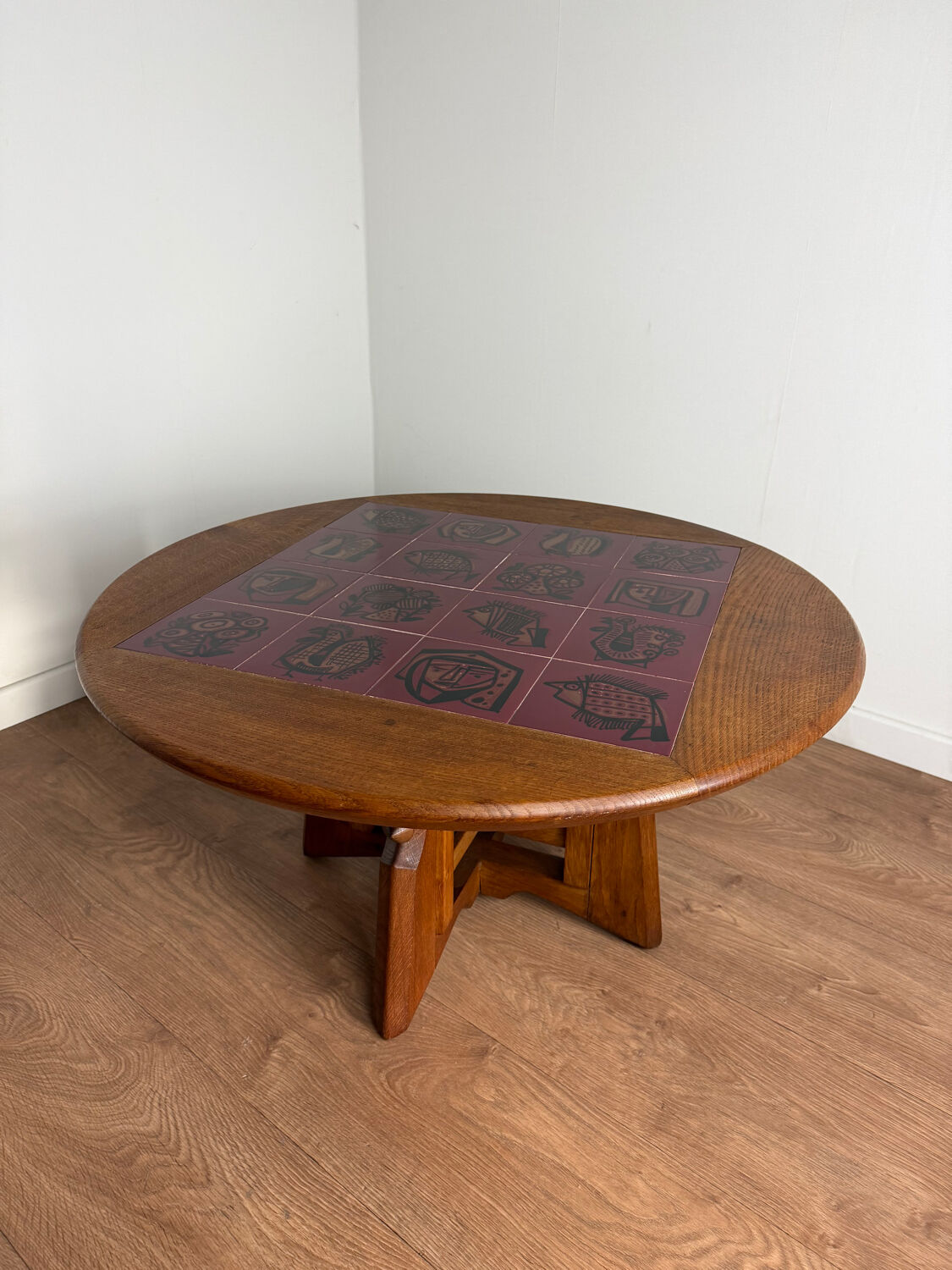 Height-adjustable table in oak and ceramic – Guillerme & Chambron, France