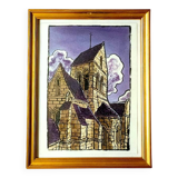 Tableau anonyme – Aquarelle - Vue sur une ancienne église en Meuse
