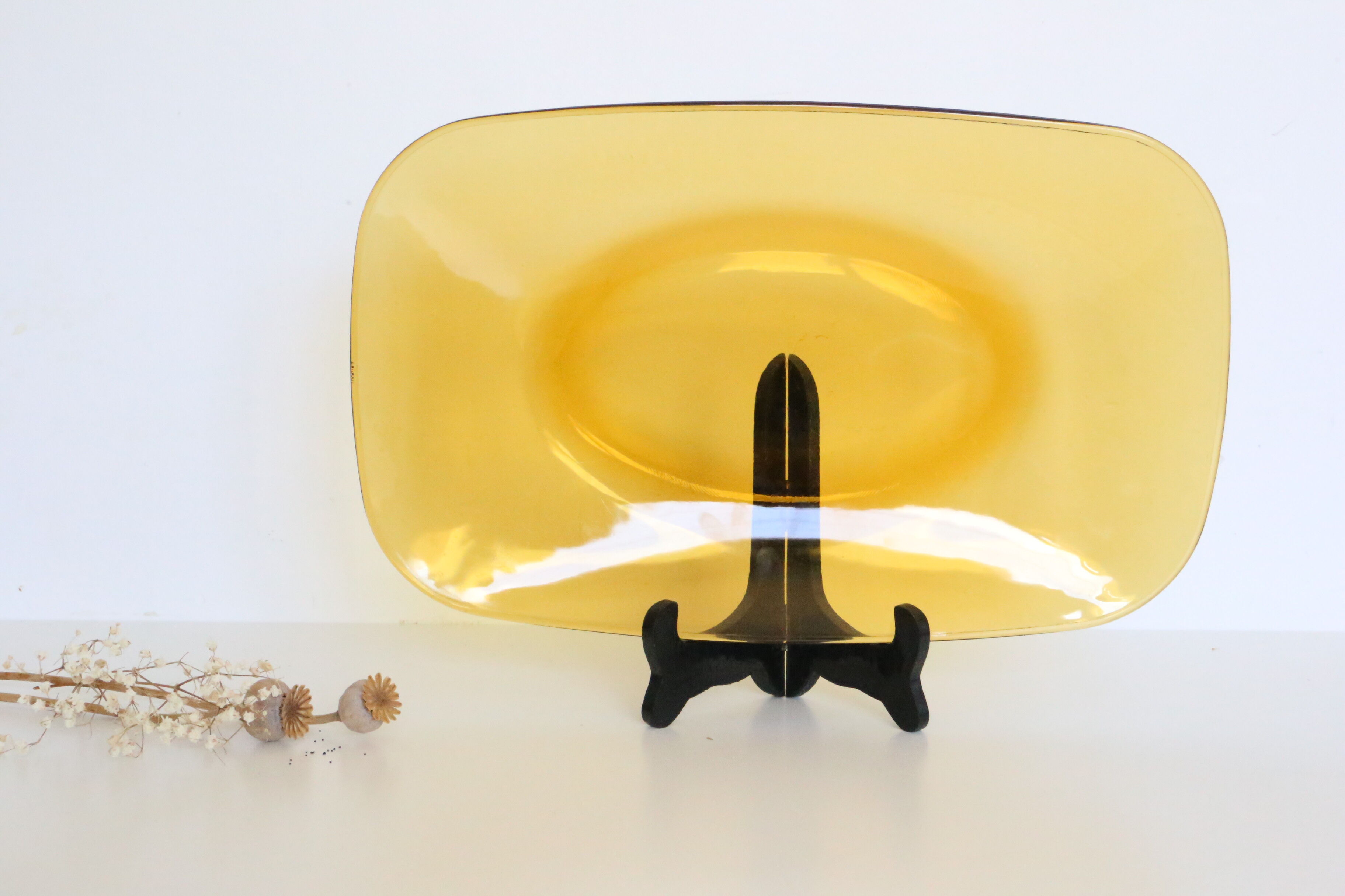 Rectangular amber glass dish, Vereco, vintage