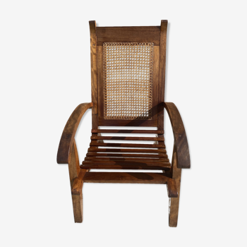 Ensemble de 4 fauteuils vintage en canne et latte de bois 1950