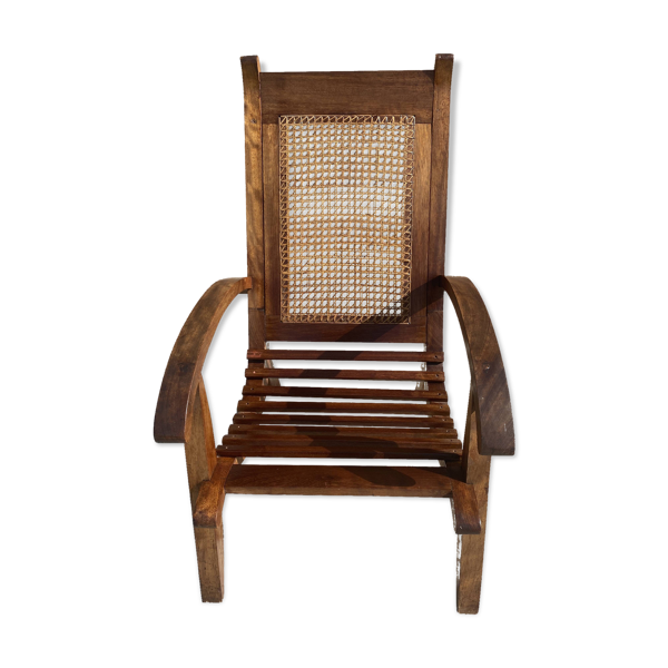 Ensemble de 4 fauteuils vintage en canne et latte de bois 1950