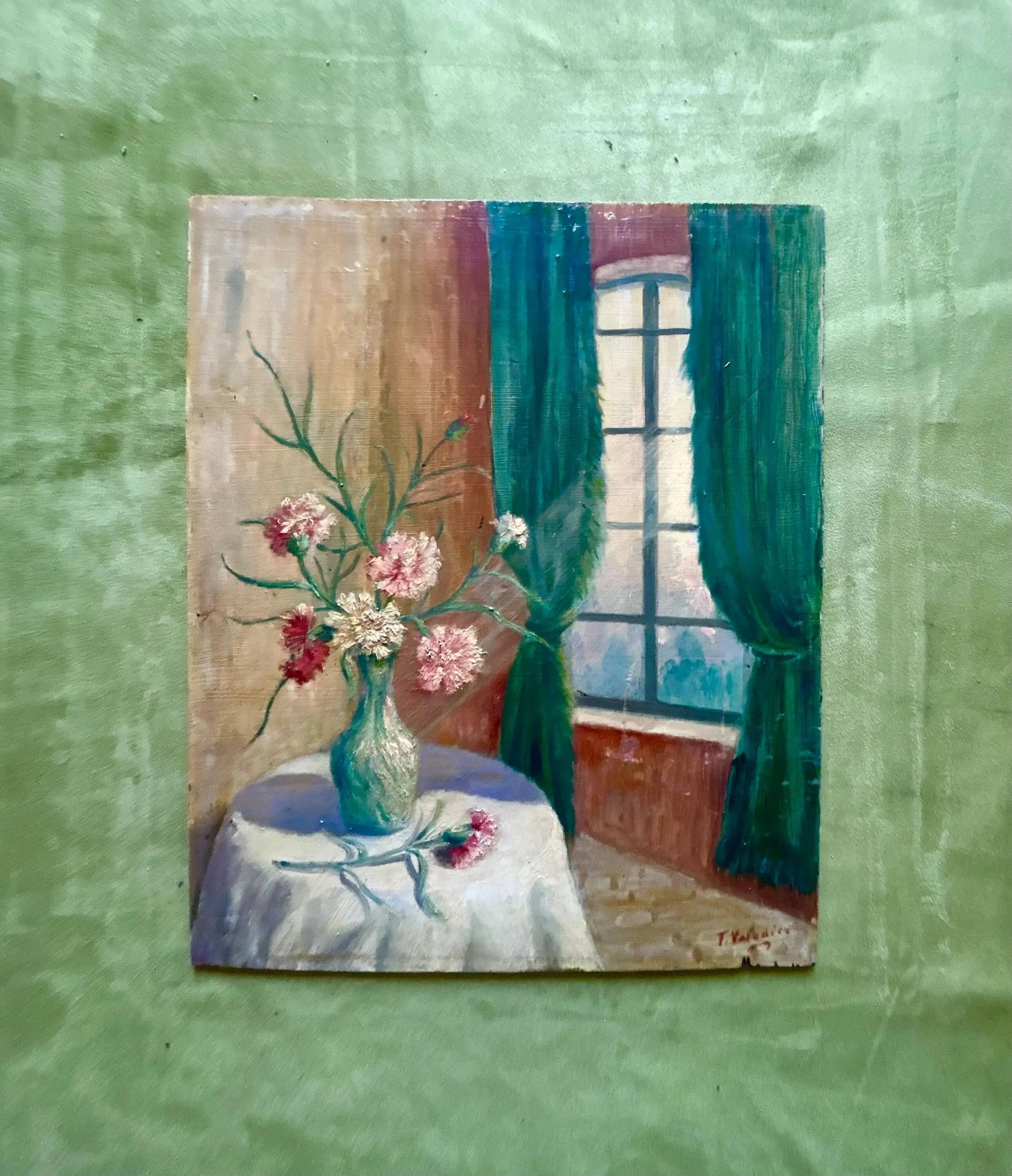 Vintage Signed Pink Floral Still Life Oil Painting
