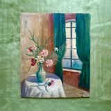 Vintage Signed Pink Floral Still Life Oil Painting