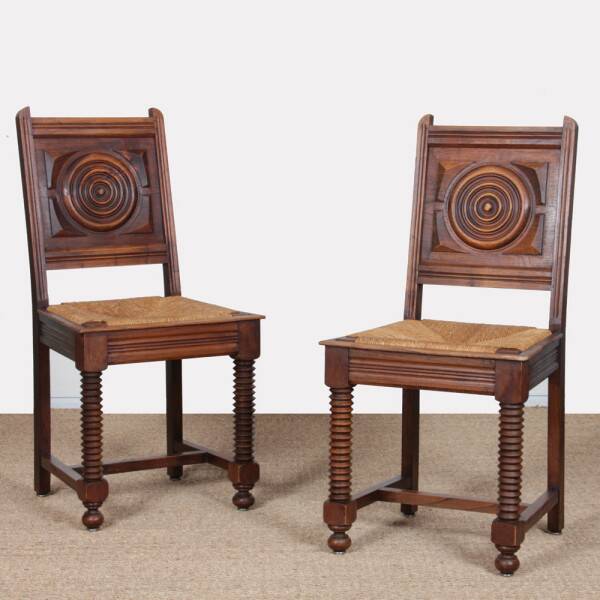 Pair of rush-seated solid wood chairs, French work, 1940.