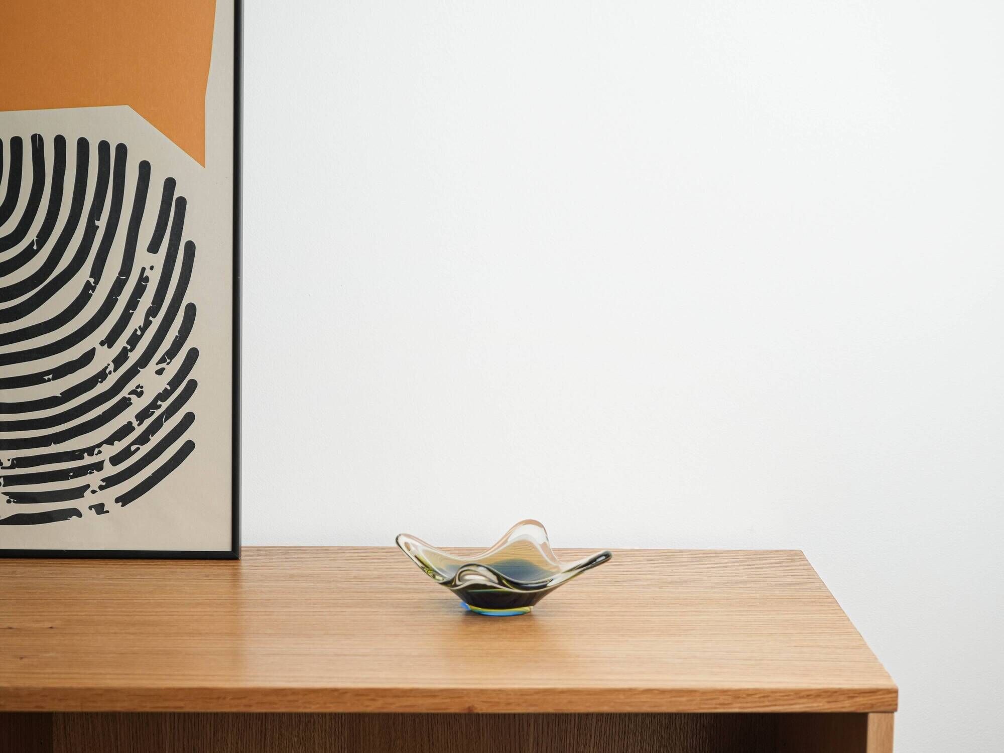 Art glass platter with organic form in blue and yellow, Europe, 1970s
