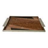 Plateau miroir en chrome, verre, bois et marqueterie années 60-70