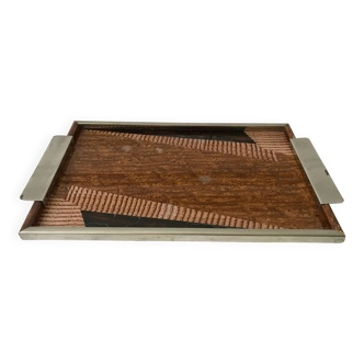 Mirrored tray in chrome, glass, wood and marquetry 60s-70s