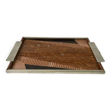 Plateau miroir en chrome, verre, bois et marqueterie années 60-70