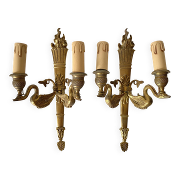 Pair of double brass wall sconces in the Louis XVI style, decorated with swans
