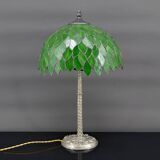 Palm lamp in silvered bronze and green stained glass foliage lampshade, Art Nouveau, 1900