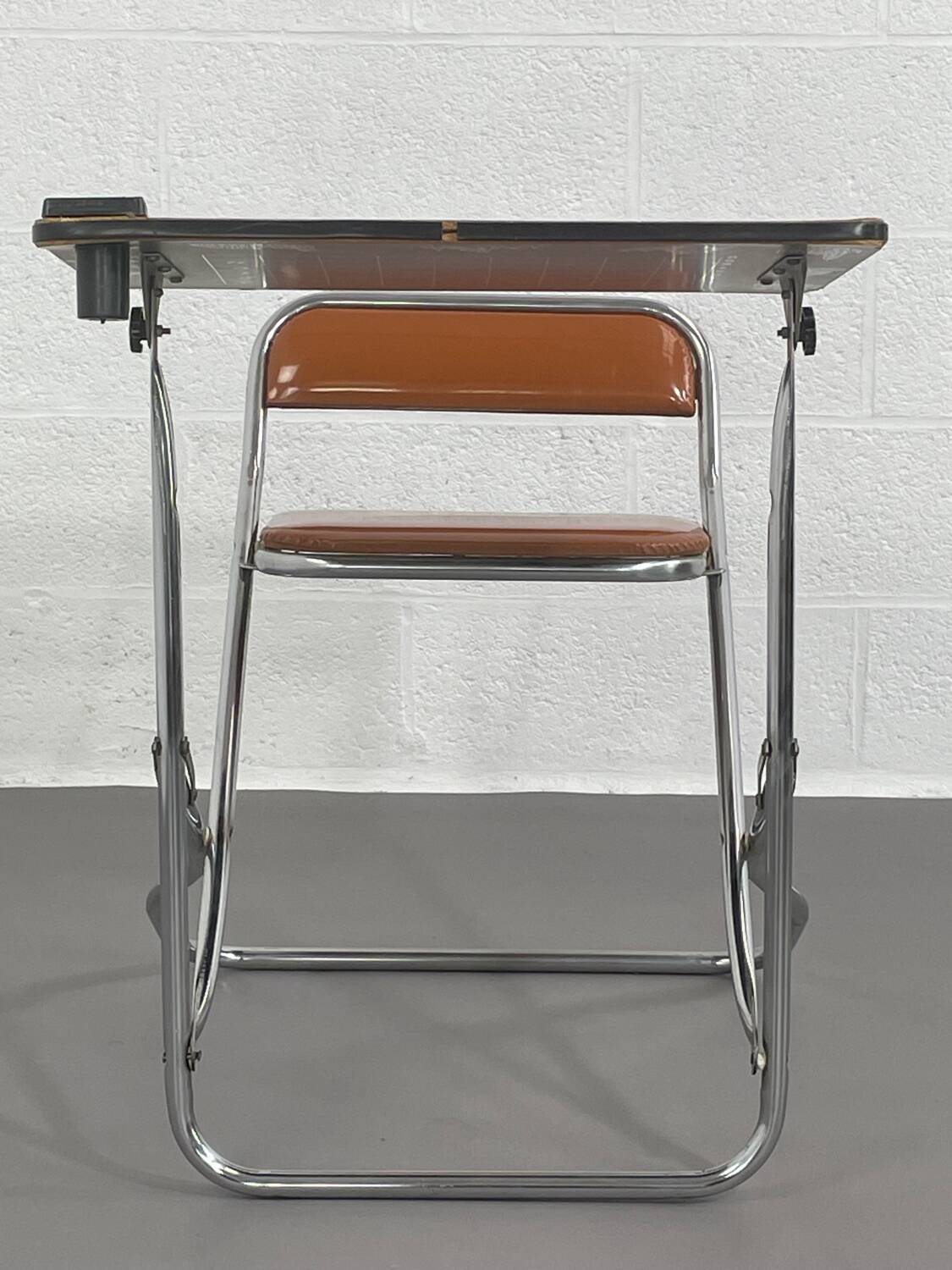 Vintage folding school desk with faux leather seat