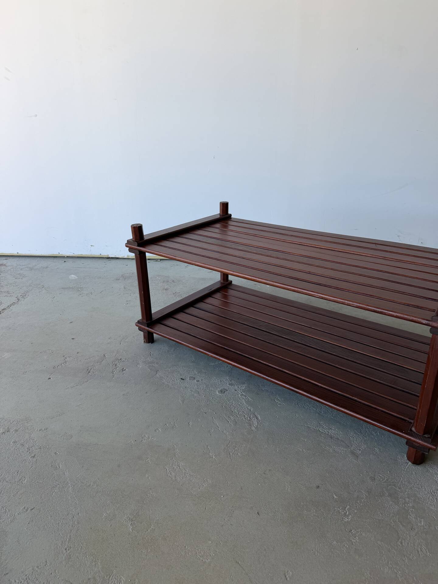 Pine slatted coffee table in vintage 1970s Scandinavian design.