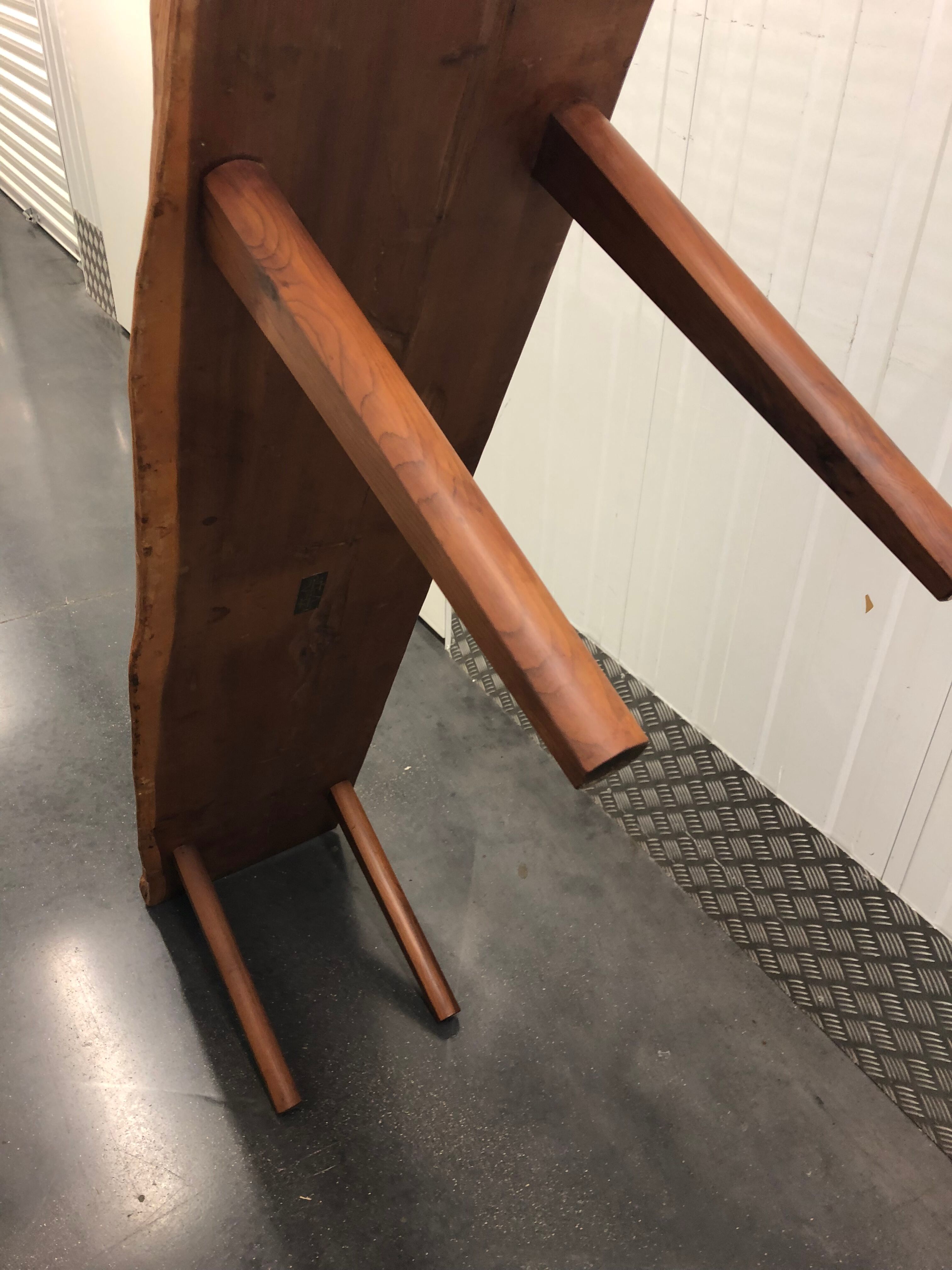 Wooden yew timbered bench stamped Reynolds of Ludlow, circa 1960