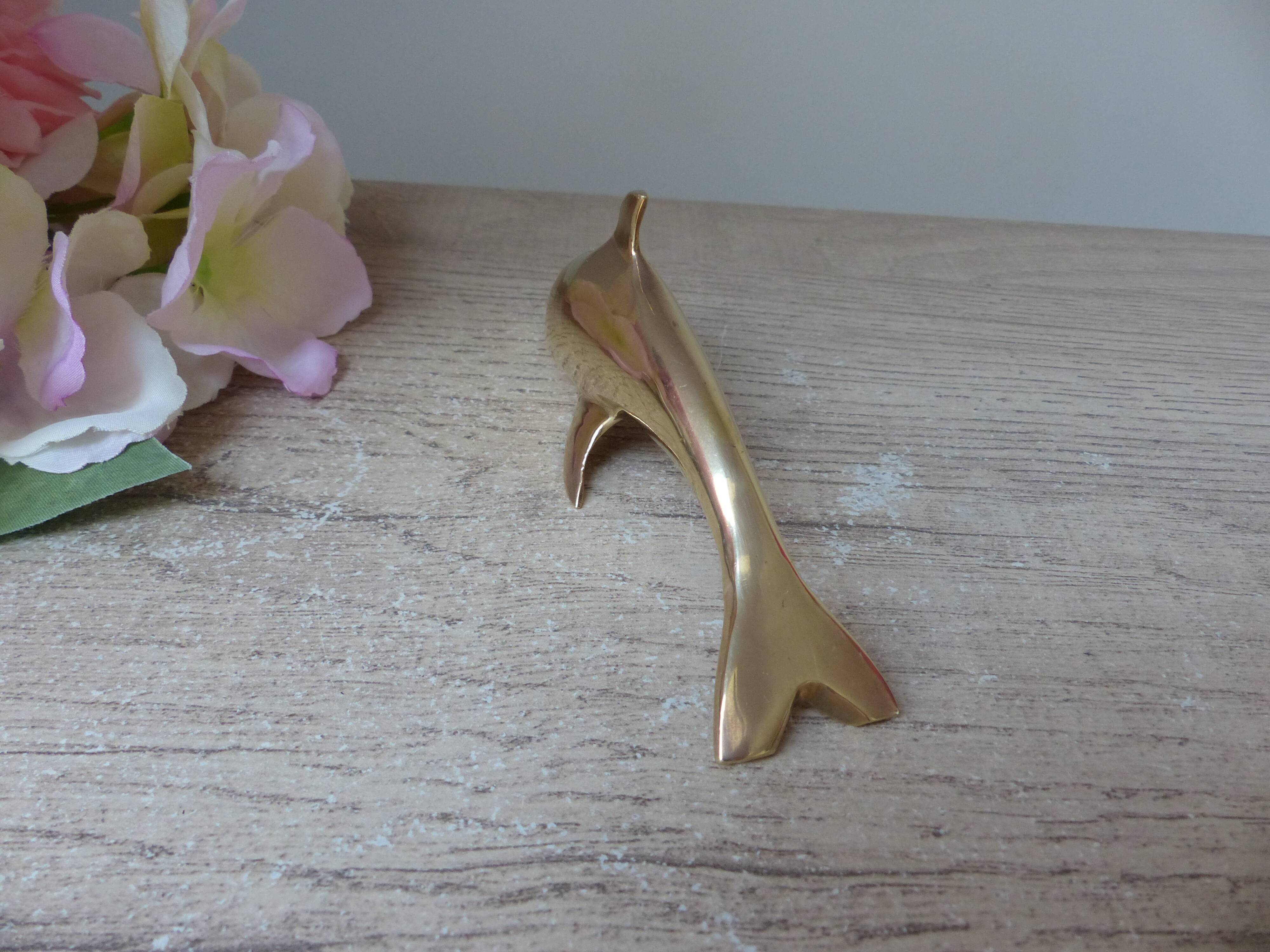 Golden Brass Dolphin Figurine, Dolphin Paperweight Desk Decoration