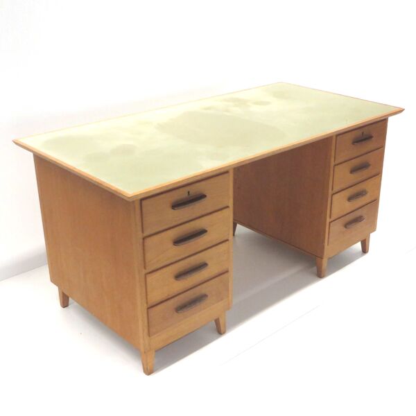 Bureau vintage avec plateau vert clair et gris et 8 tiroirs fabriqué dans les années 1970