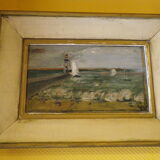 Tableau ancien avec son encadrement, signé jcc,  scène portuaire avec phare