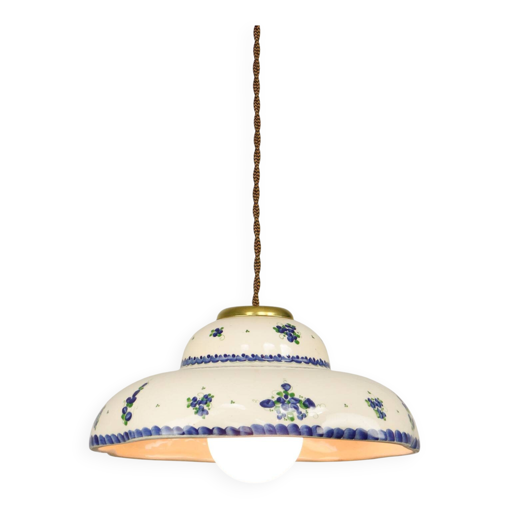 Lampe pendentive vintage en céramique et laiton faite à la main