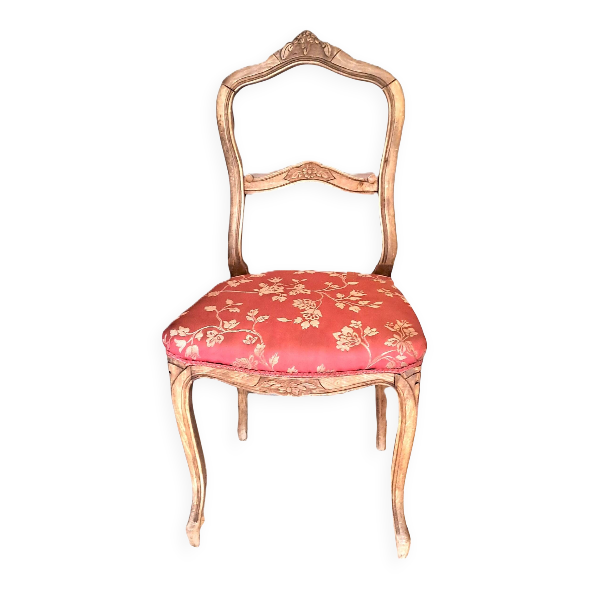 Wooden chair with varnished wood and red satin brocade fabric, 1920