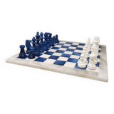 Jeu d'échecs artisanal en albâtre de Volterra bleu et blanc, années 1970