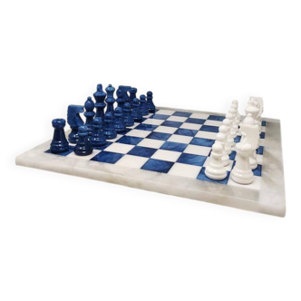 Jeu d'échecs artisanal en albâtre de Volterra bleu et blanc, années 1970