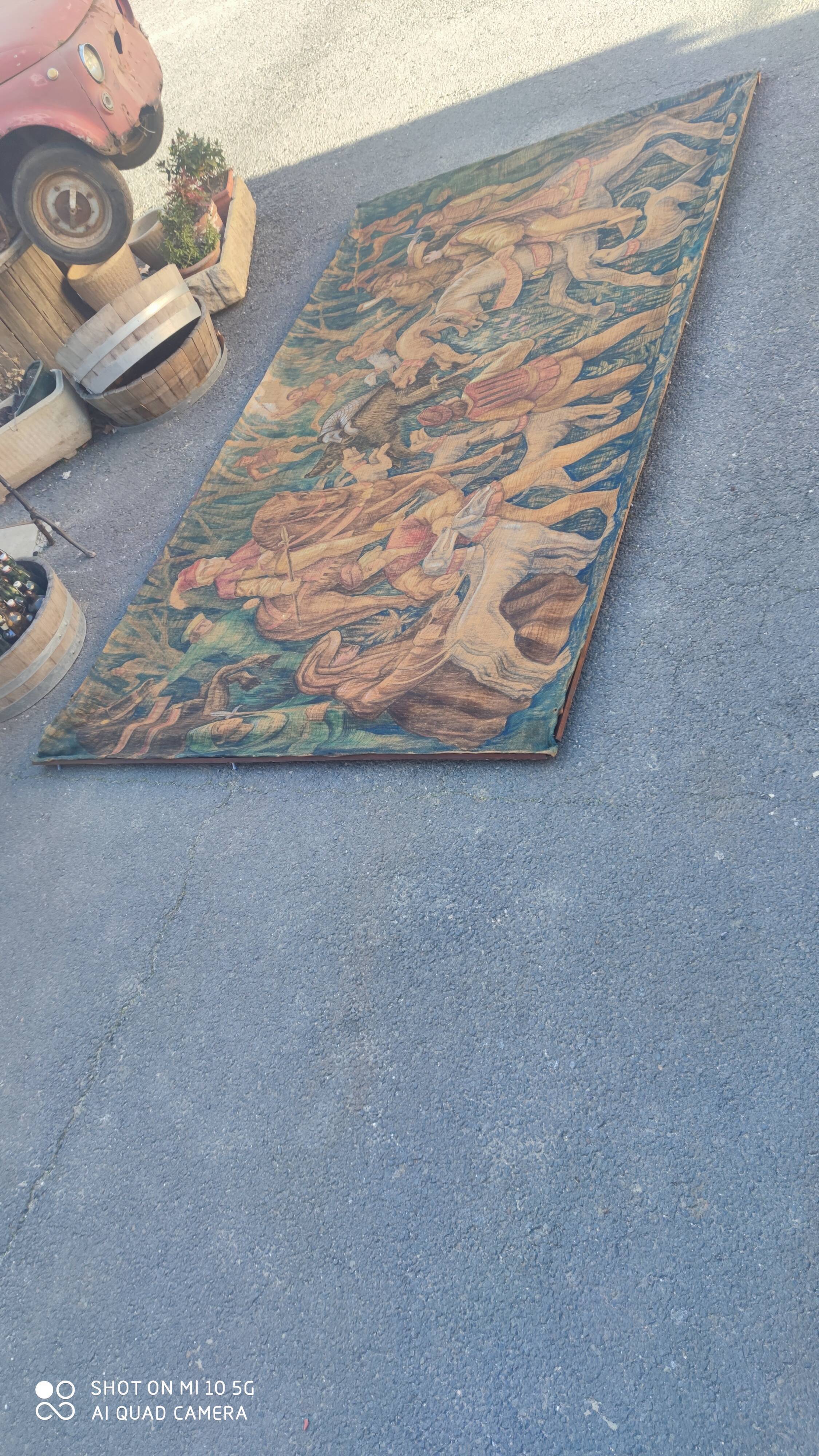 Painted burlap canvas depicting a medieval hunting scene circa 1950 by André Pierre BOURBIOUX, known as "Boul"