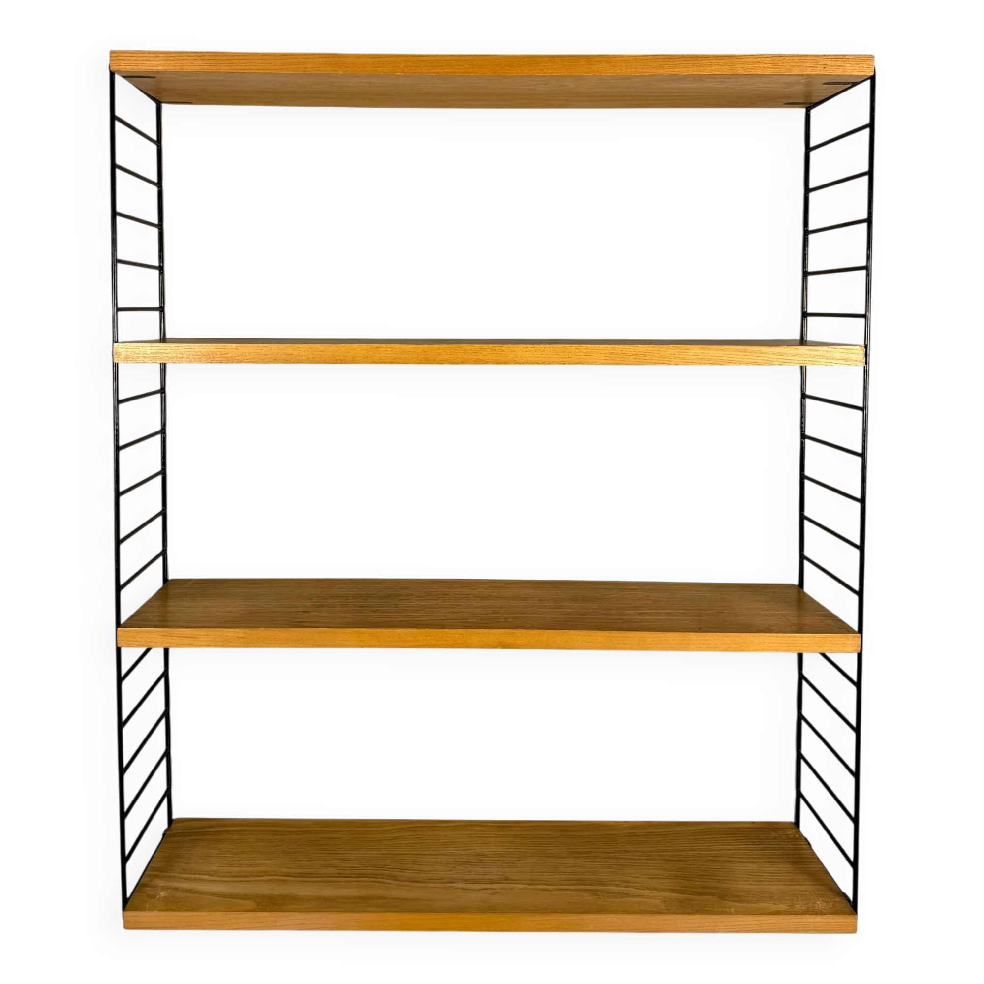 Floating wall shelf in oak veneer and black metal, 1960s.