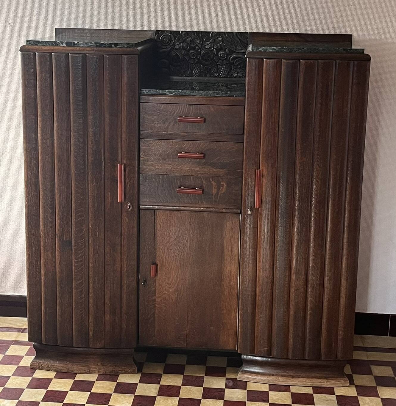 Art Deco oak sideboard with green marble top – 1930s