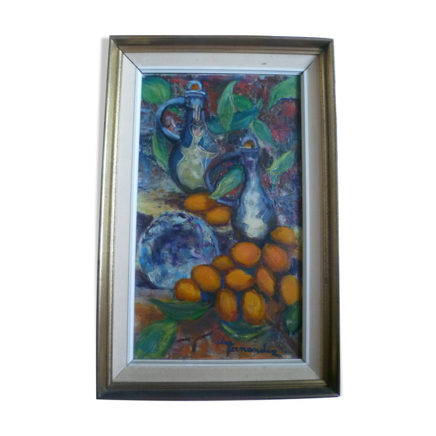 Painting "mangoes" Cannes 1975 signed Pilar Fernandez, 20th