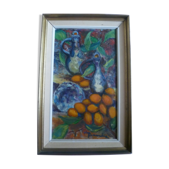 Painting "mangoes" Cannes 1975 signed Pilar Fernandez, 20th