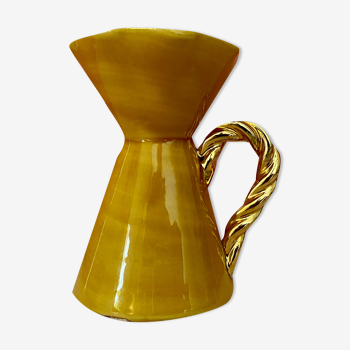 Vase vintage art déco en céramique jaune et dorée