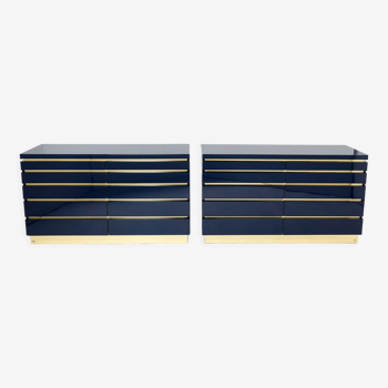 Pair of blue and brass lacquered dressers Jean-Claude Mahey 1970