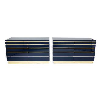 Pair of blue and brass lacquered dressers Jean-Claude Mahey 1970