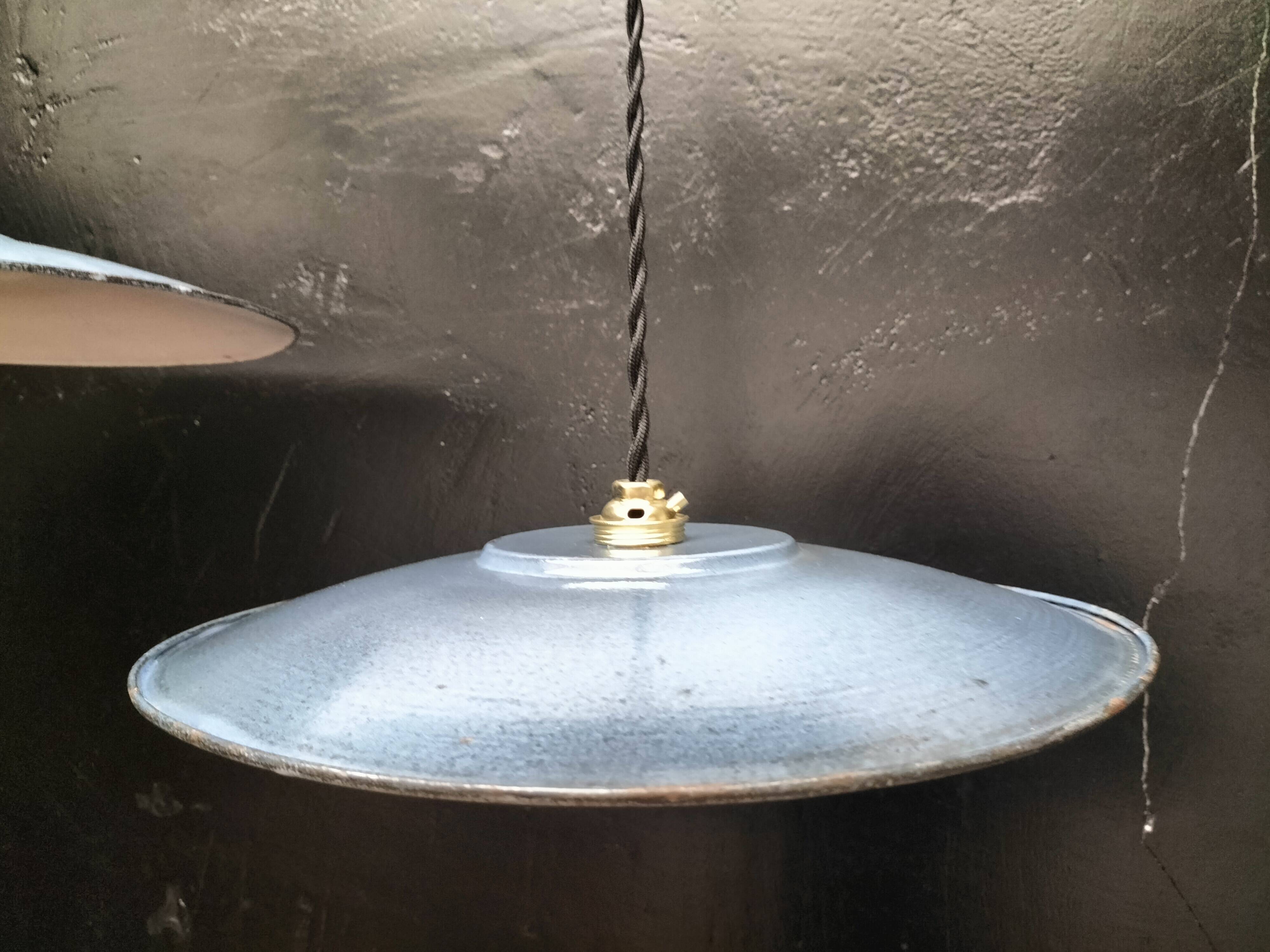 3 blue enameled sheet metal pendant lights