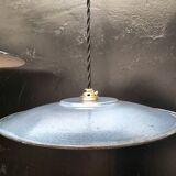3 blue enameled sheet metal pendant lights