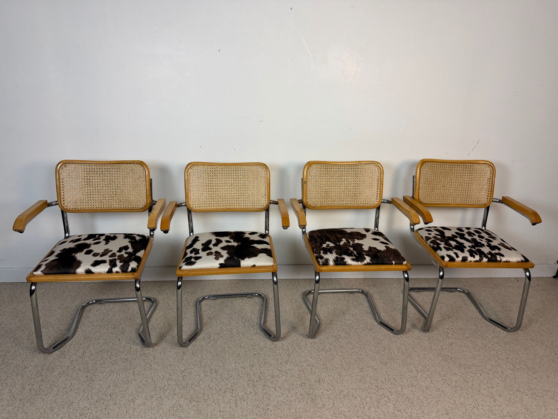 4 fauteuils cannés chrome et bois années 70